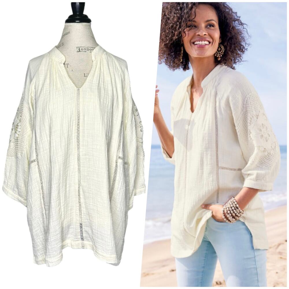 Soft Surroundings | Women | Magnolia Cotton Gauze Lace V-Neck Tunic Top | 2X